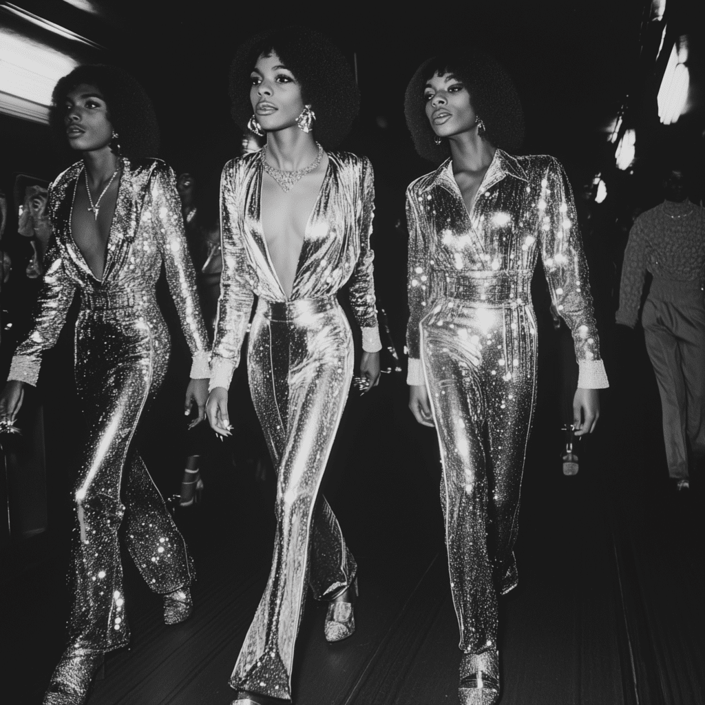 70s outfits with shiny fabrics