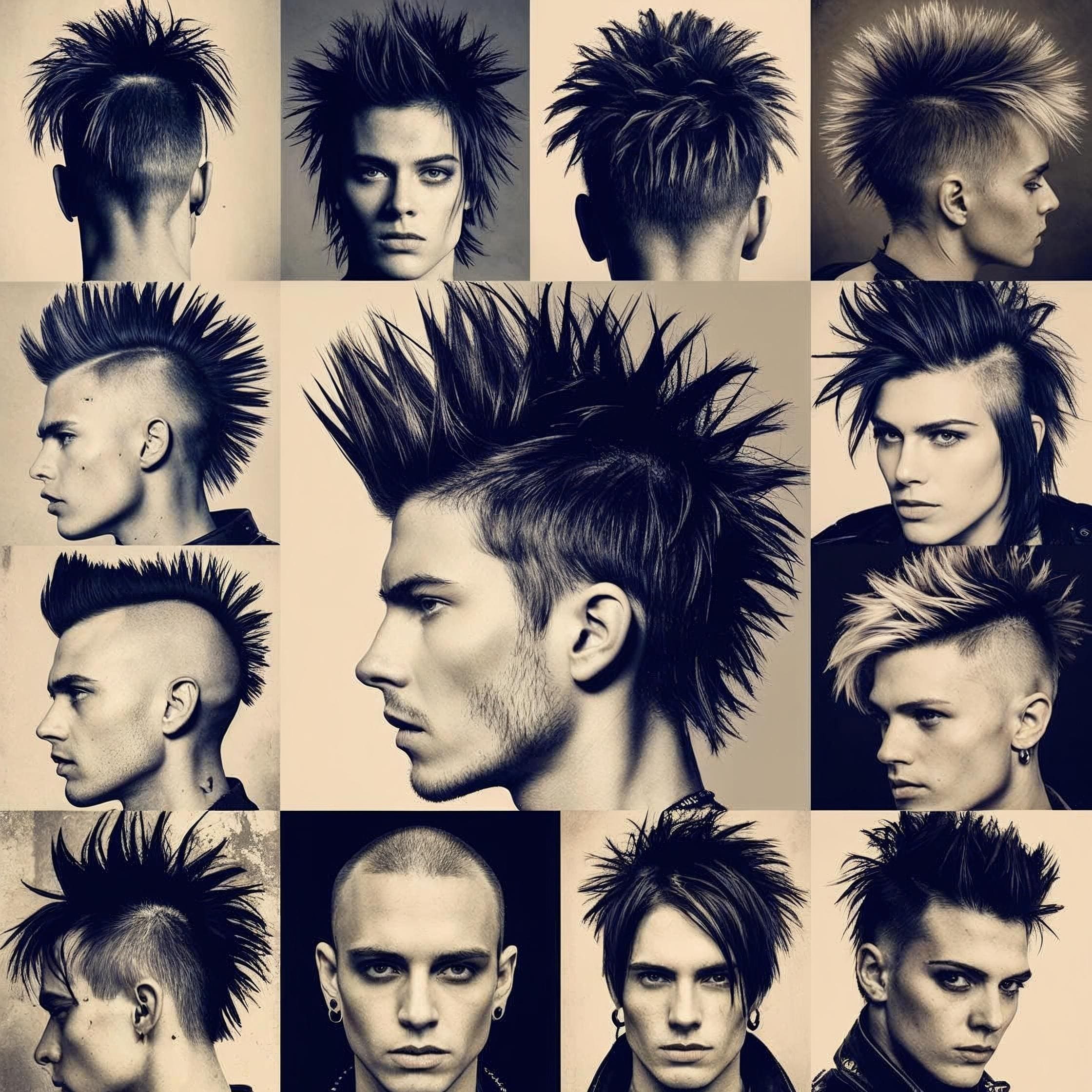 Messy, spiky hair or shaved styles 1970s punk