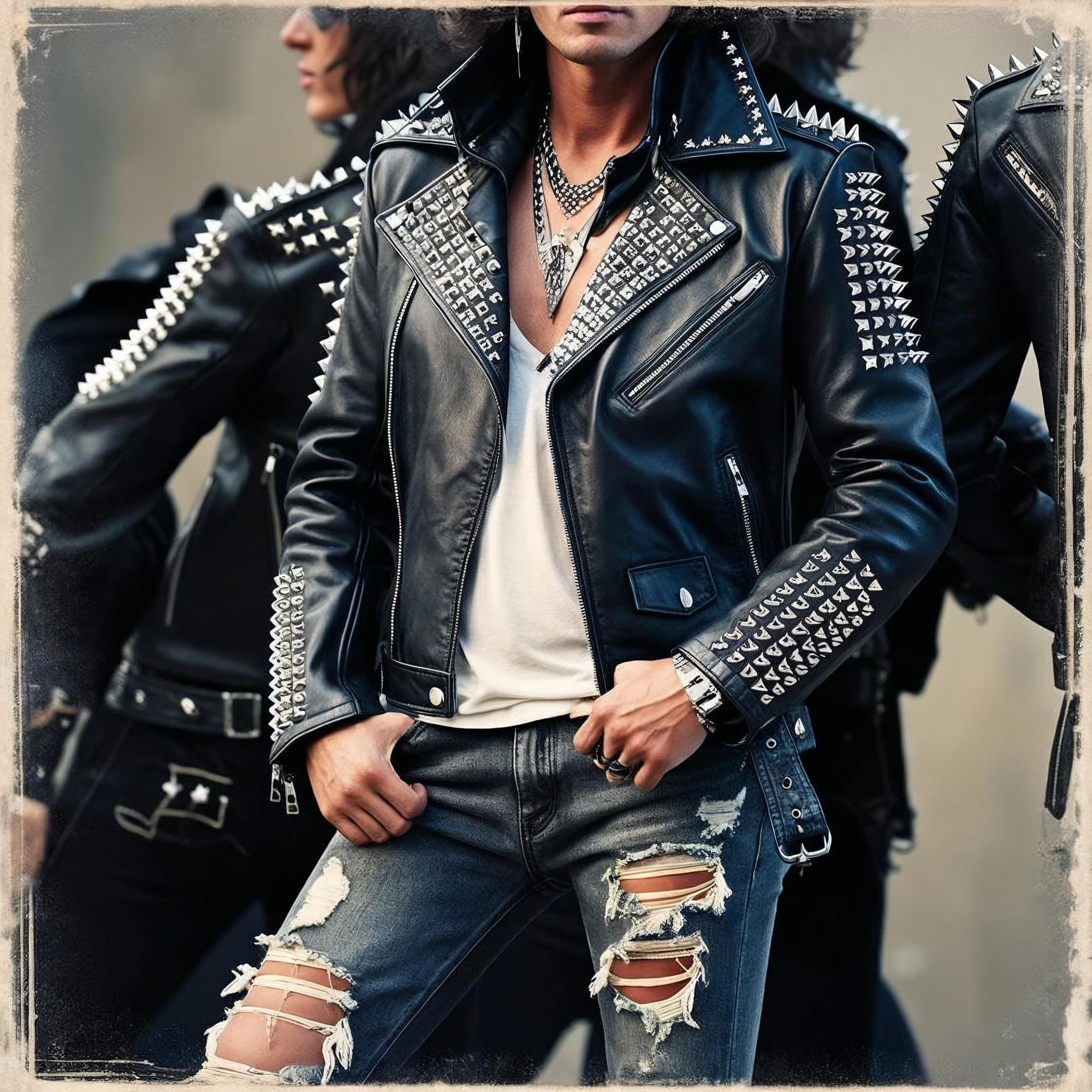 leather jackets, studs, and ripped denim emerged as essential pieces of 1970s Rock & Rebellion fashion (1)