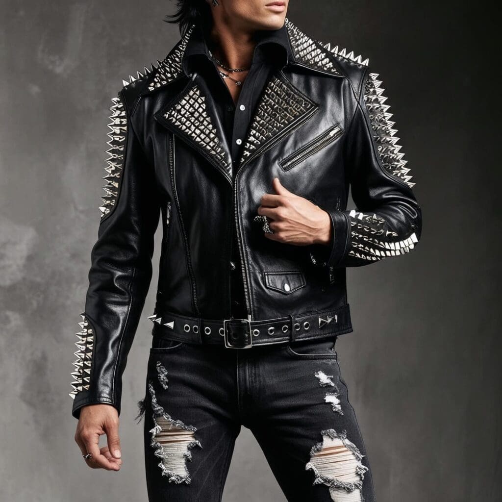 leather jackets, studs, and ripped denim emerged as essential pieces of 1970s Rock & Rebellion fashion