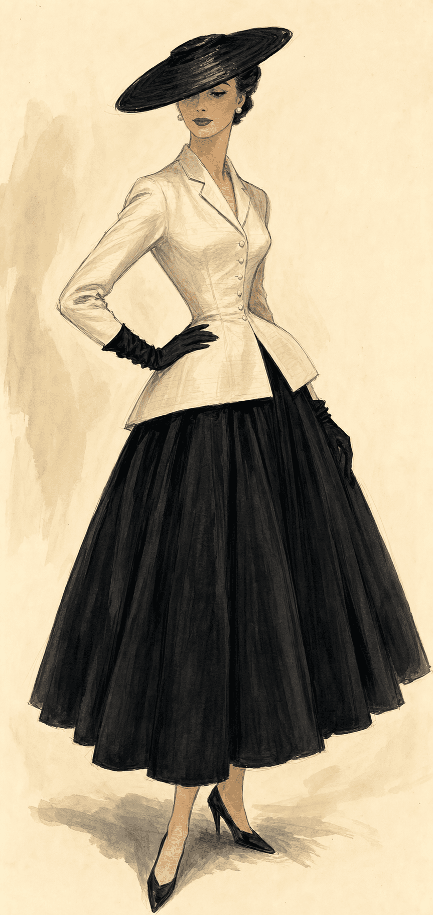 Illustration of the 1947 Dior Bar Suit: ivory shantung silk fitted jacket with rounded padded hips and a vast pleated black wool skirt to mid-calf