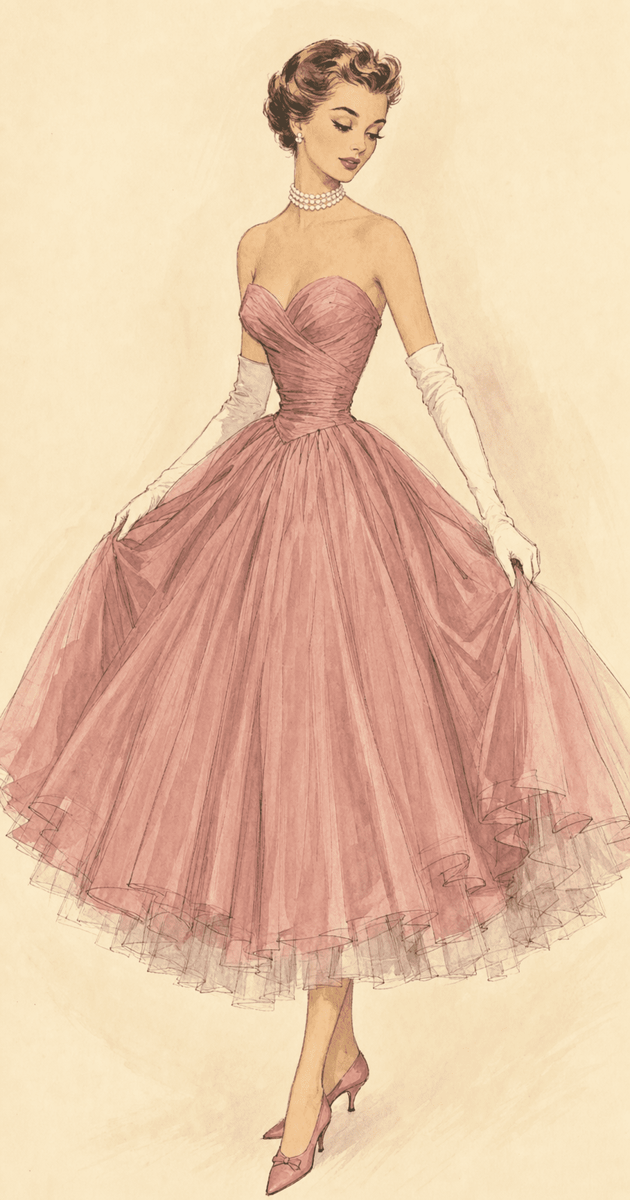Illustration of a 1950s full-skirted strapless cocktail dress in dusty rose with tulle petticoats