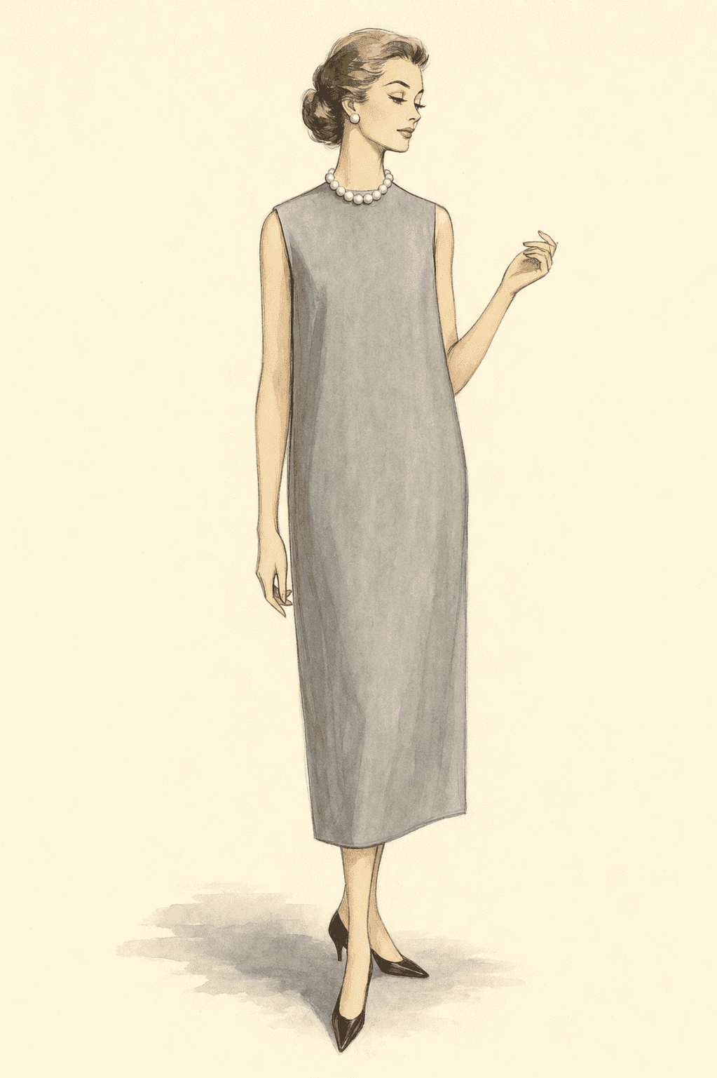 A 1950s fashion illustration of a sleeveless dove-grey tunic dress with stand-away neckline and pearls