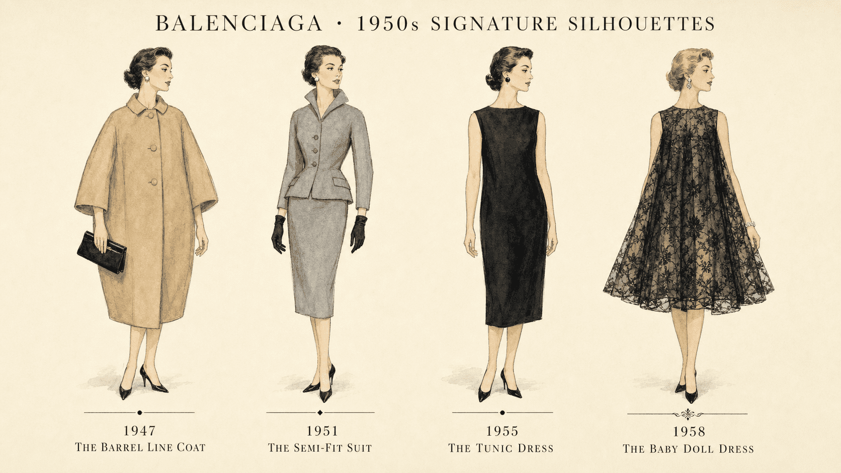 Four Balenciaga signature silhouettes from 1947 to 1958