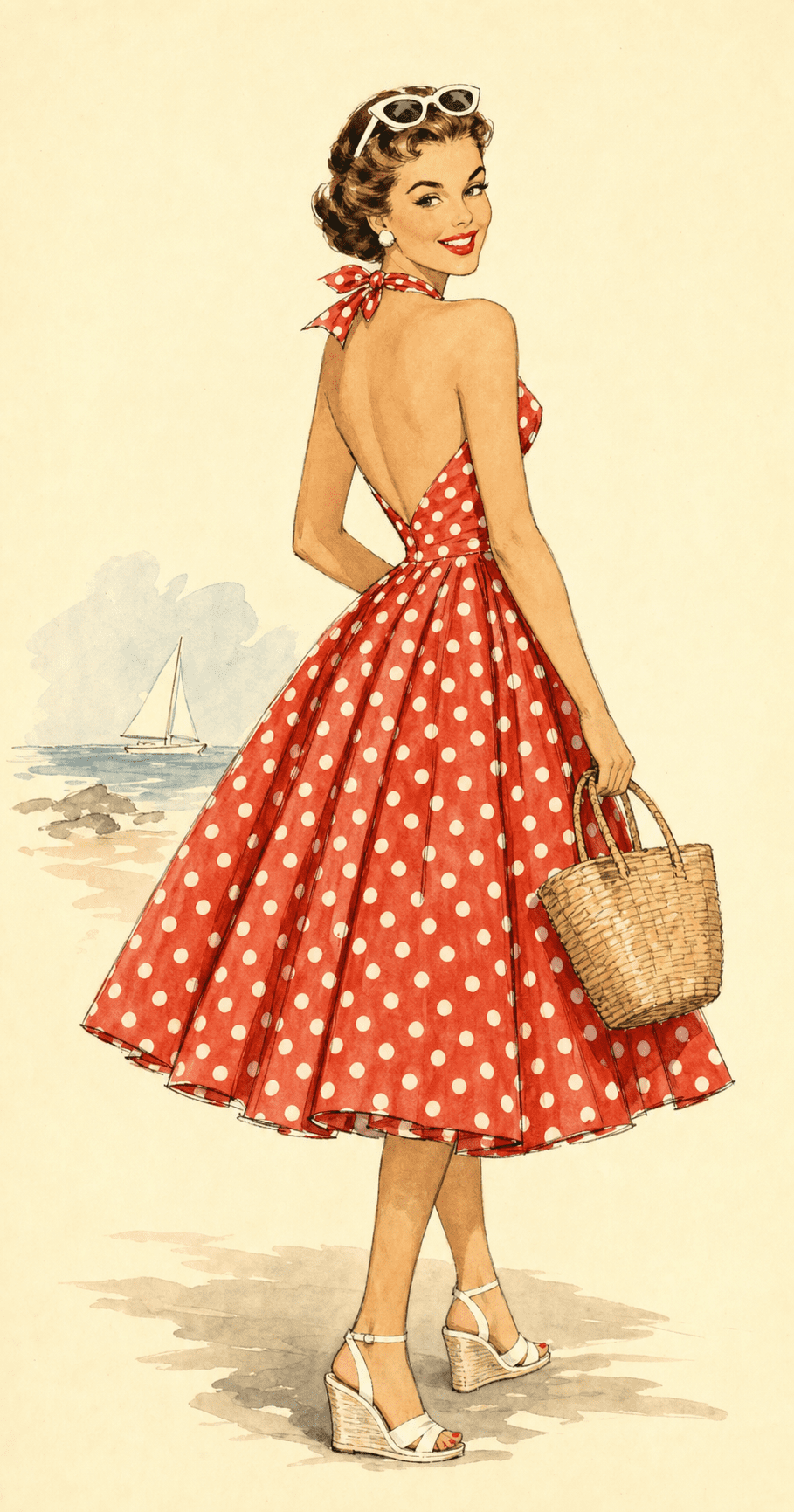 Illustration of a halter-neck polka dot sundress with full skirt, woven basket, white wedges