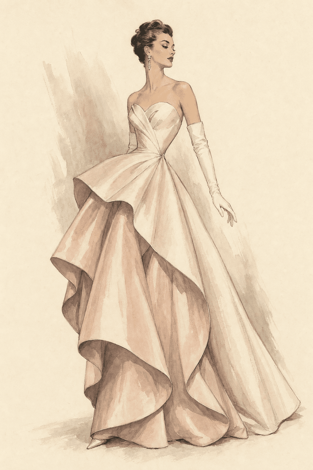 Illustration of a Charles James-inspired sculptural ball gown in ivory and blush silk taffeta