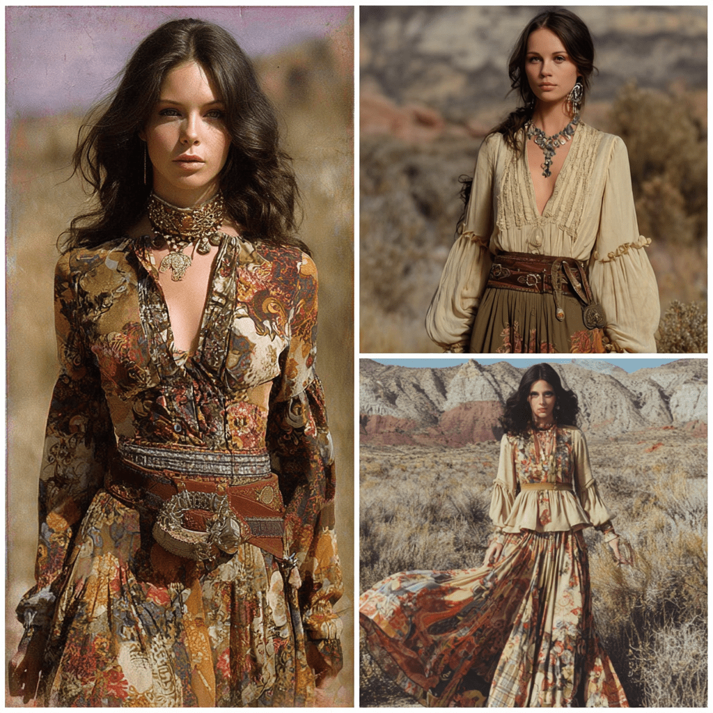 Three 1970s bohemian fashion looks in a desert landscape — left shows a woman in a rich floral tapestry deep-V maxi dress with a wide belt and coin and tassel jewellery; top right shows a woman in a cream poet blouse with puff sleeves and an olive skirt with a wide leather belt; bottom right shows a woman in an ivory billowing floral midi dress