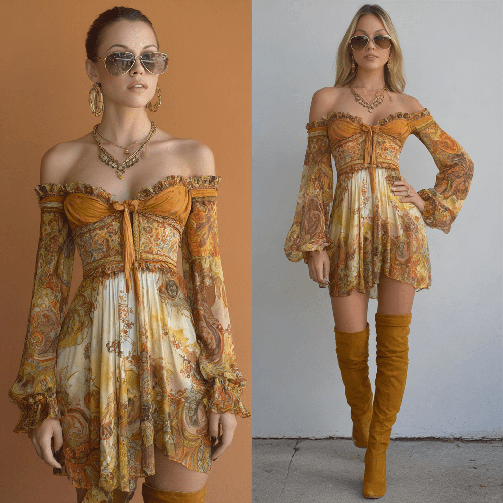 Two views of a 1970s woman in an off-shoulder paisley and baroque-print mini dress with wide bell sleeves in amber and cream tones, with gold jewellery; the second view shows the same dress styled with yellow suede thigh-high boots