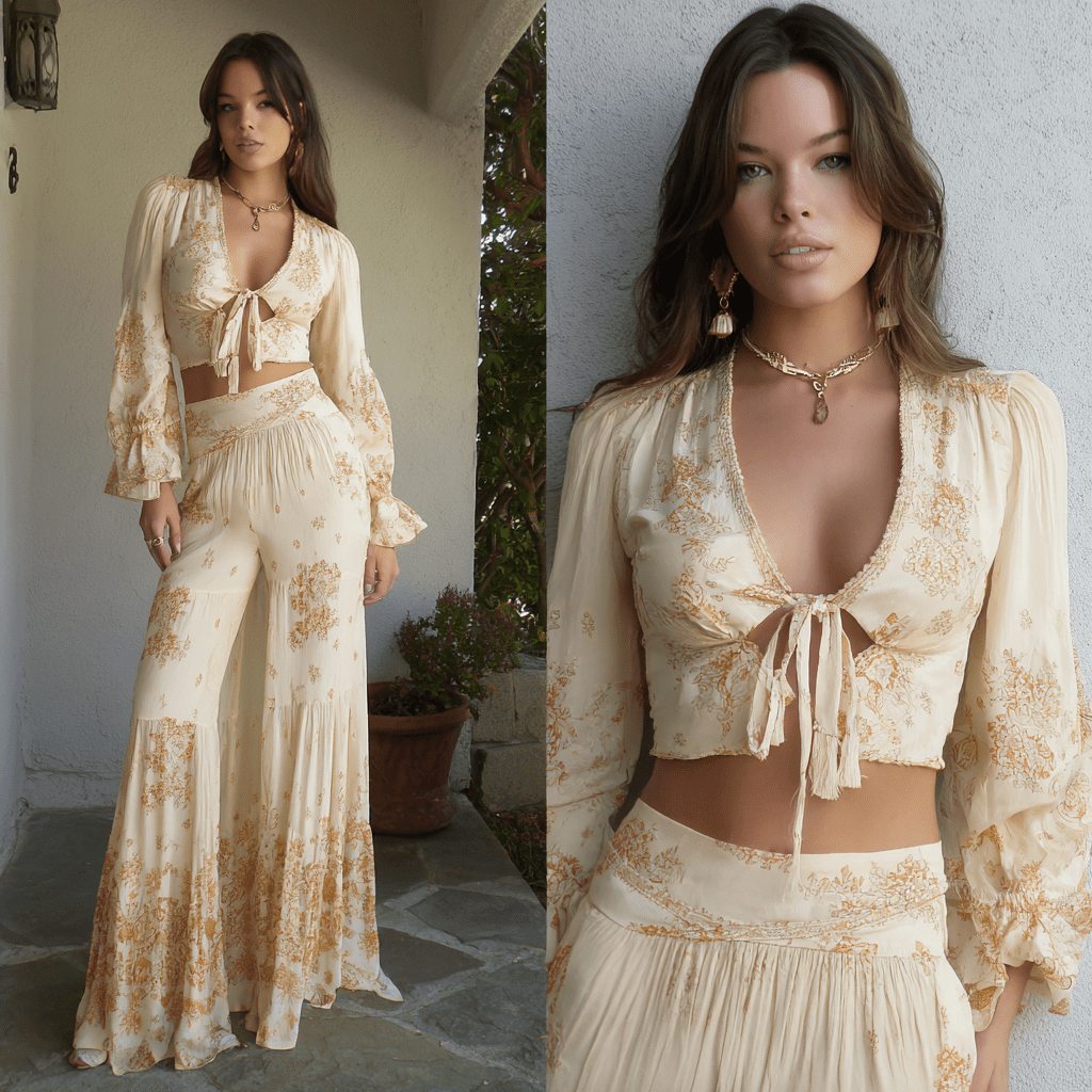 A woman in 1970s fashion wearing a cream and ivory satin tie-front crop top with a golden floral print and balloon sleeves, paired with matching wide-leg flared trousers and gold chain jewellery, shown full-length and in close-up