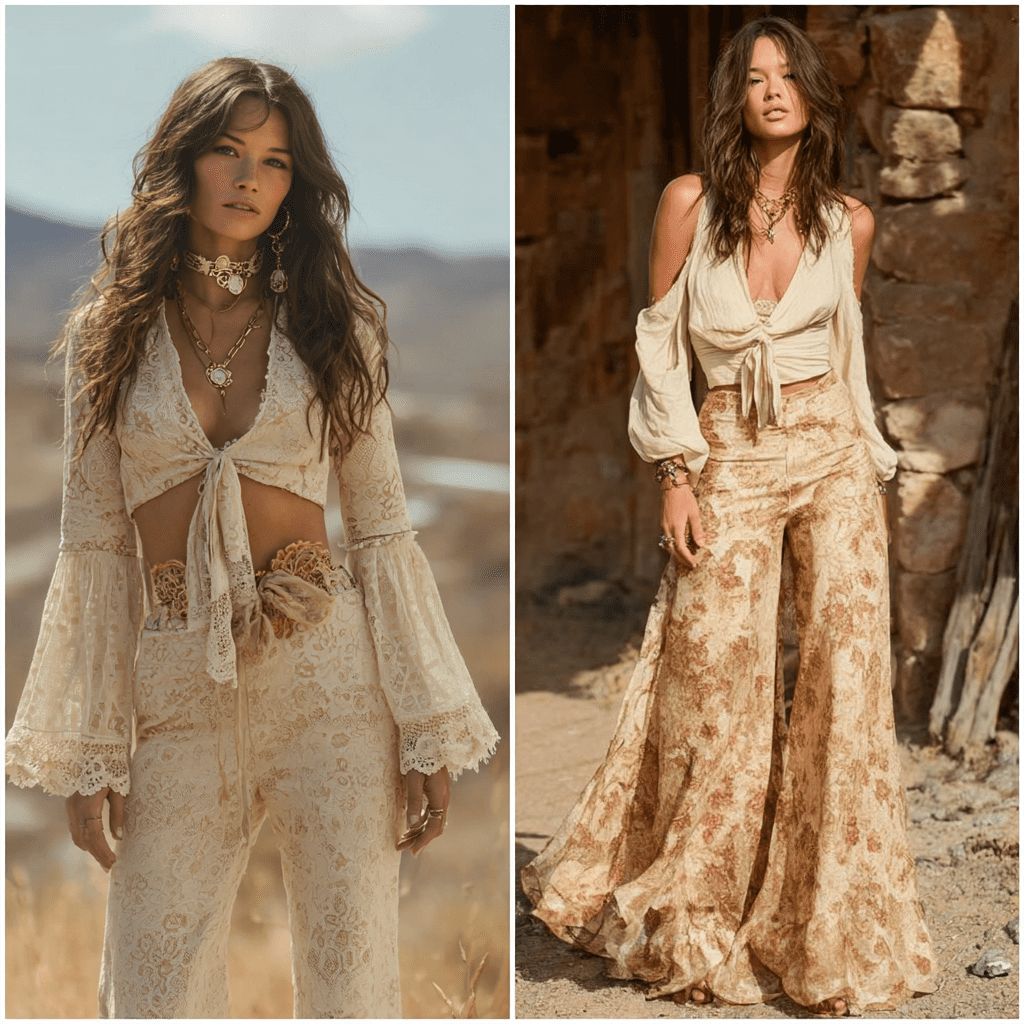 Two 1970s bohemian fashion looks — left shows a woman in a cream lace bell-sleeve crop top with matching lace wide-leg flares and gold coin jewellery in a desert setting; right shows a woman in a white cold-shoulder tie-front top paired with cream and gold floral wide-leg flared trousers near stone ruins