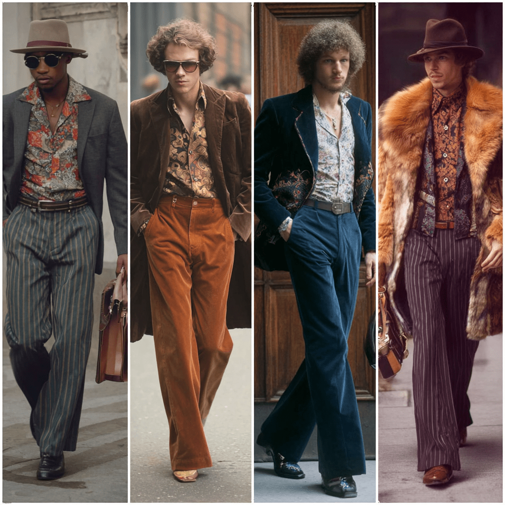 Four men in 1970s fashion — far left wears a wide-brim hat with a floral shirt and pinstripe wide-leg trousers; second wears a brown velvet blazer over a gold paisley shirt with rust corduroy flares; third wears a navy velvet blazer with a floral shirt and navy bell-bottoms; far right wears a large fur coat over a patterned shirt with pinstripe trousers