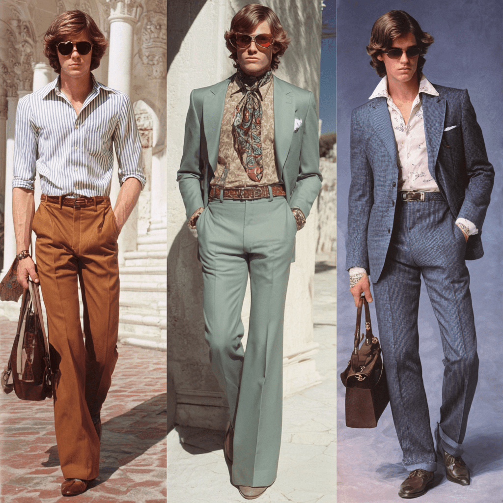 Three men in 1970s fashion — left wears a striped shirt with brown wide-leg trousers and sunglasses; centre wears a sage and mint green wide-leg suit with a paisley tied-scarf shirt; right wears a blue textured wide-leg suit with a floral shirt and sunglasses