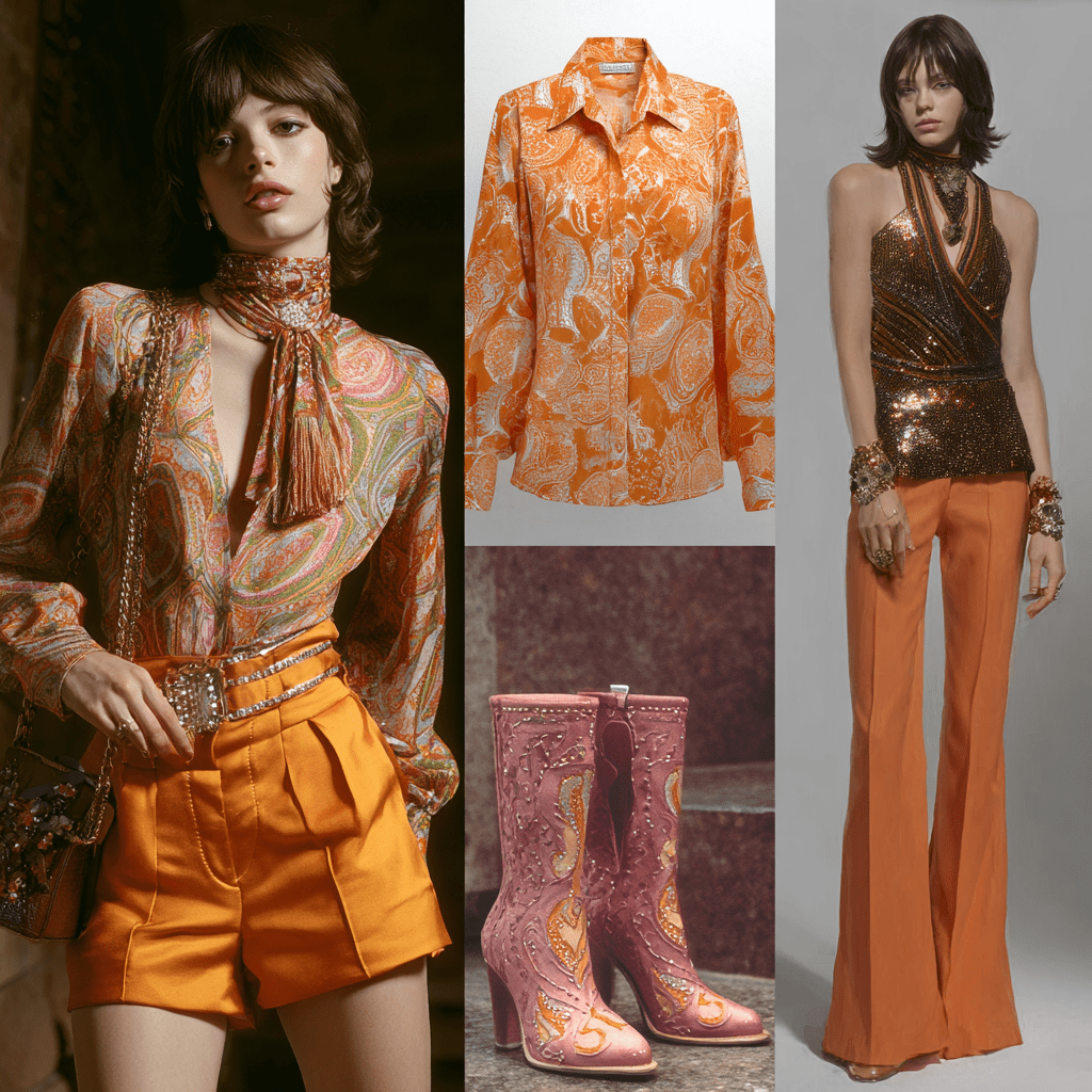 A four-panel 1970s fashion collage — top left shows a woman in a paisley tie-neck blouse with orange high-waist shorts and a jeweled belt; top right shows an orange and white paisley silk shirt as a product shot; bottom left shows pink velvet cowboy boots with intricate embroidery; bottom right shows a woman in a brown sequin metallic halter wrap top with orange wide-leg flares