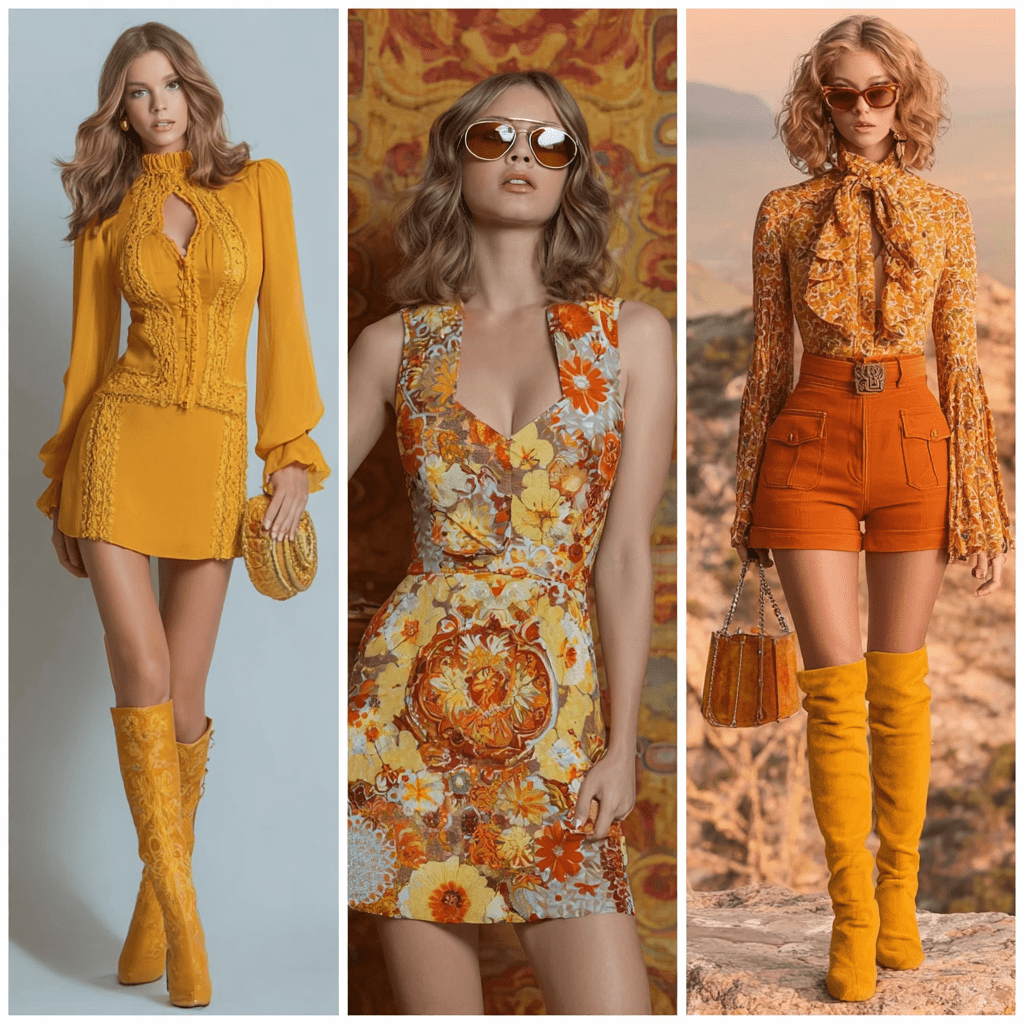 Three women in 1970s outfits — left shows a mustard yellow ruffled high-neck blouse with a mini skirt and yellow lace-up ankle boots; centre shows a floral and paisley-print sleeveless mini dress; right shows a floral blouse with a bow tie neck, orange high-waist shorts and yellow suede thigh-high boots