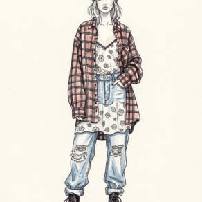 1990s women's fashion illustration — grunge: oversized flannel over floral slip dress, ripped jeans, combat boots