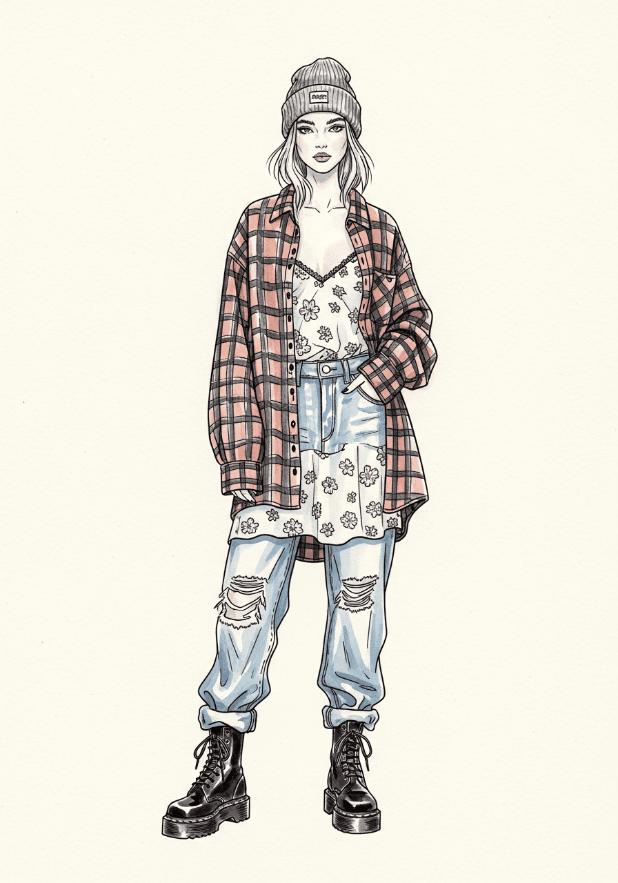 1990s women's fashion illustration — grunge: oversized flannel over floral slip dress, ripped jeans, combat boots
