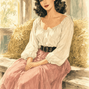 Jane Russell in The Outlaw — peasant blouse, wide leather belt, long ruffled skirt in sunlit barn