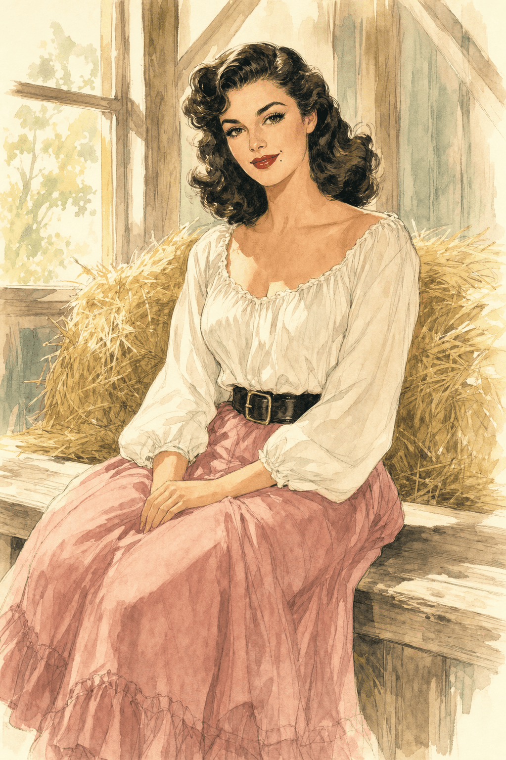 Jane Russell in The Outlaw — peasant blouse, wide leather belt, long ruffled skirt in sunlit barn