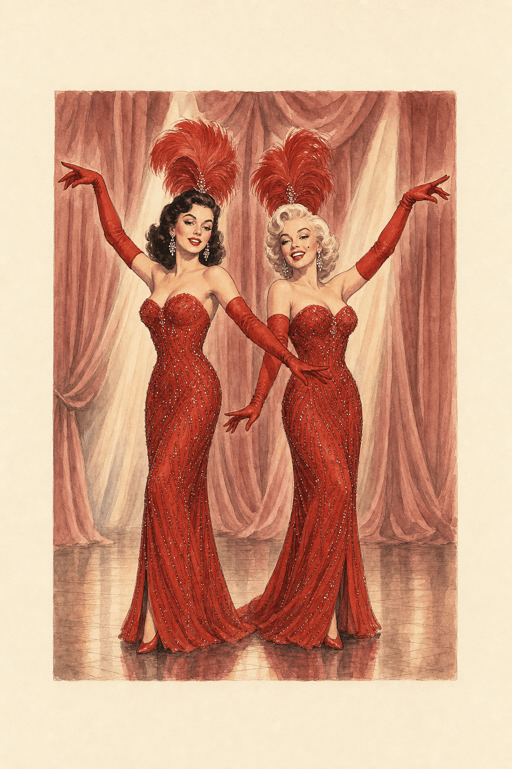 Watercolour illustration of Jane Russell and Marilyn Monroe in matching crimson sequined strapless gowns with red opera gloves and ostrich-feather headdresses