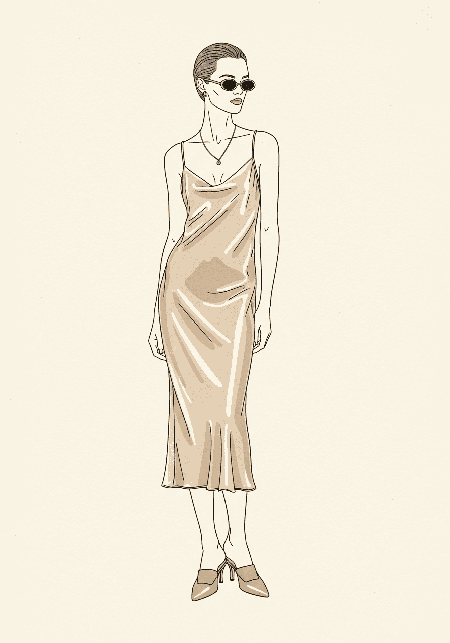 1990s women's fashion illustration of minimalism — silk slip dress, oval sunglasses, kitten heels