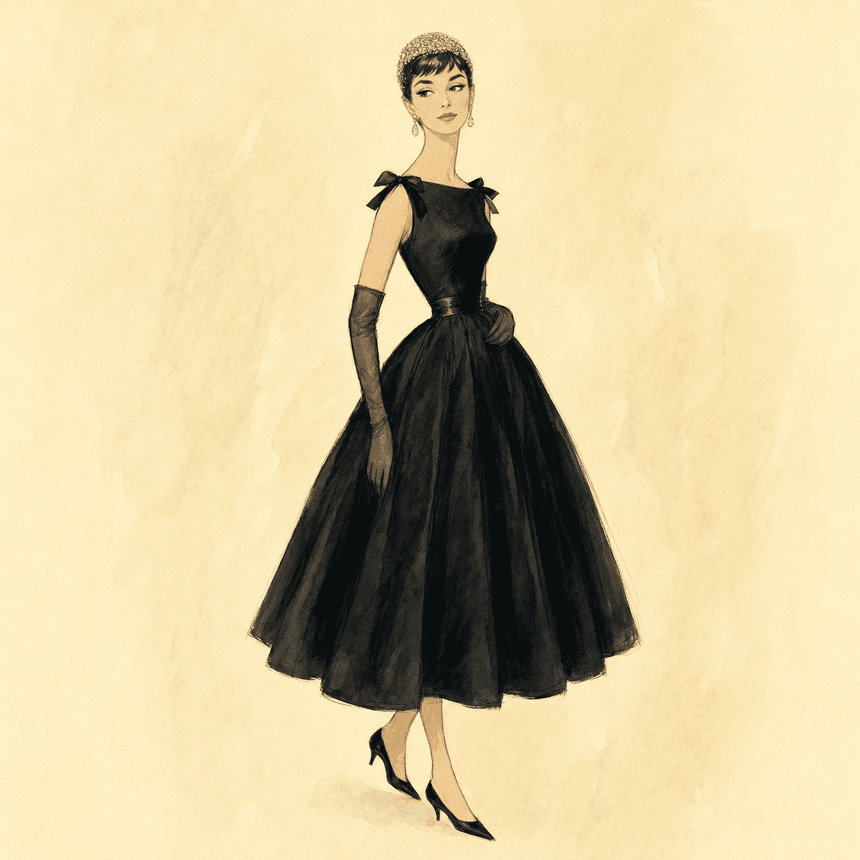 Watercolor fashion plate of the 1954 Givenchy Sabrina dress: black bateau-neck cocktail dress with shoulder bows, nipped waist, and ballerina-length tulle skirt