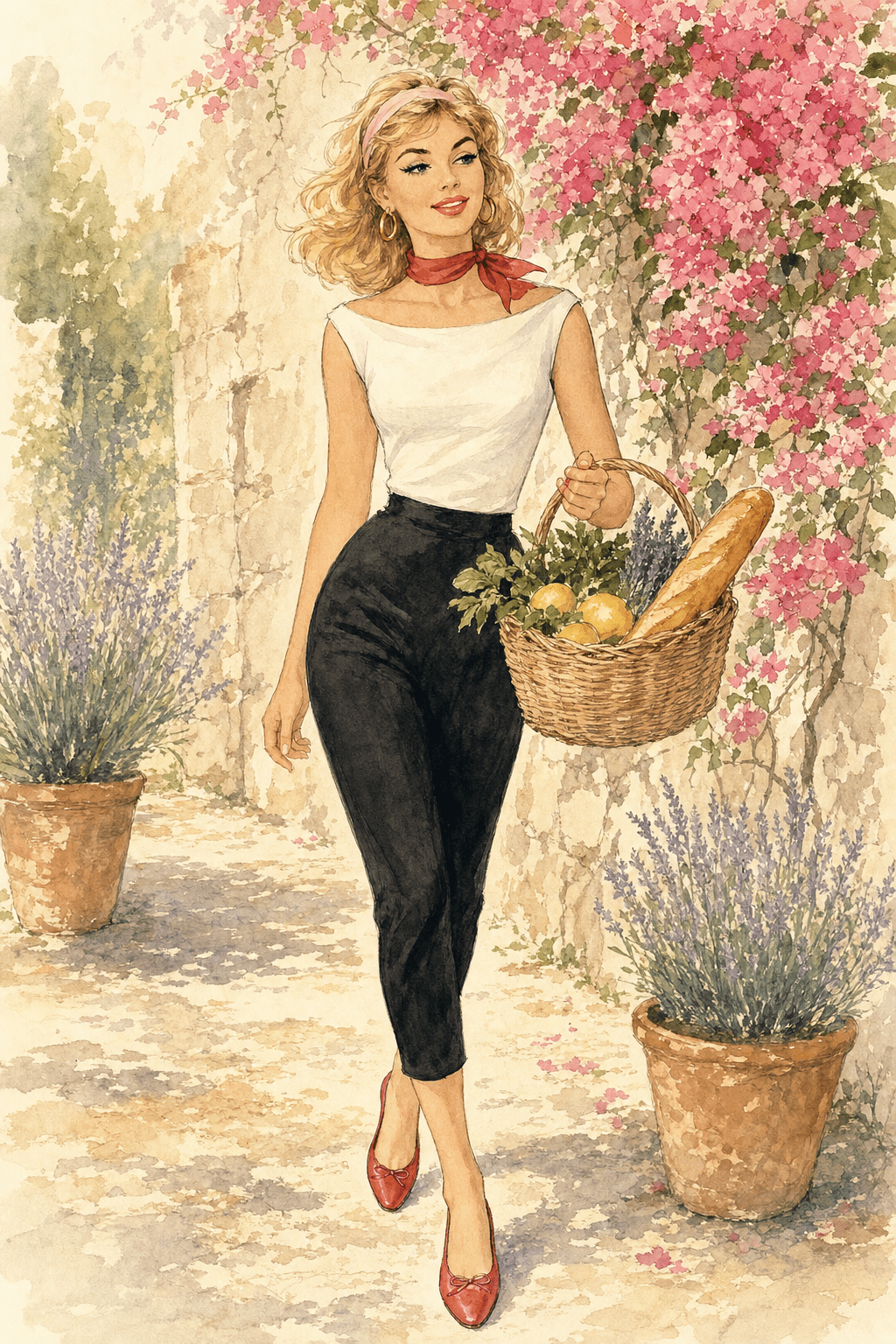 Watercolor illustration of a young woman with tousled honey-blonde hair and a pink headband walking through a Provençal garden carrying a wicker basket of bread and lemons, wearing black ankle-length capri pants, a white sleeveless boat-neck top, a red silk neck scarf, gold hoop earrings and cherry-red ballet flats with small bows