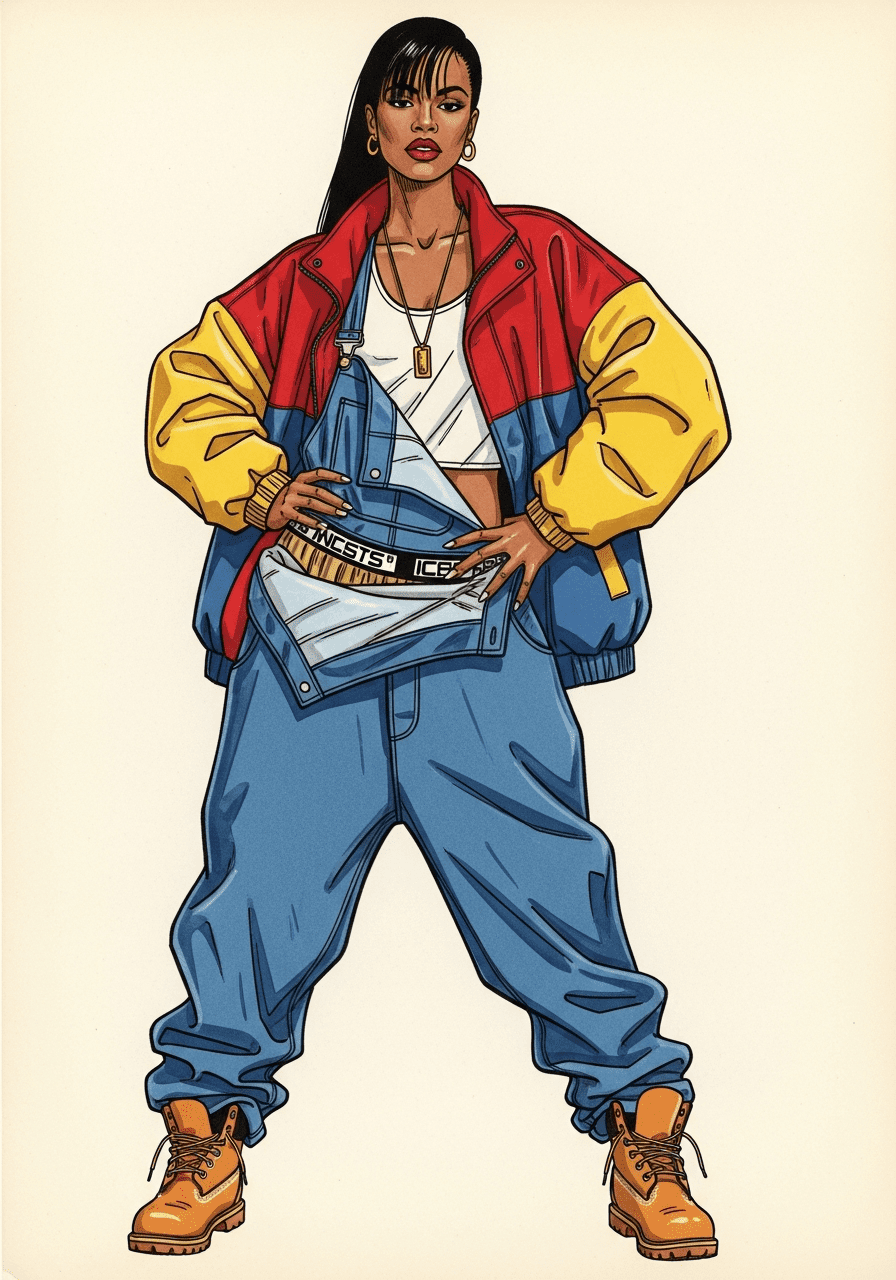 1990s women's fashion illustration of hip-hop streetwear — colour-block jacket, baggy overalls, Timberland boots