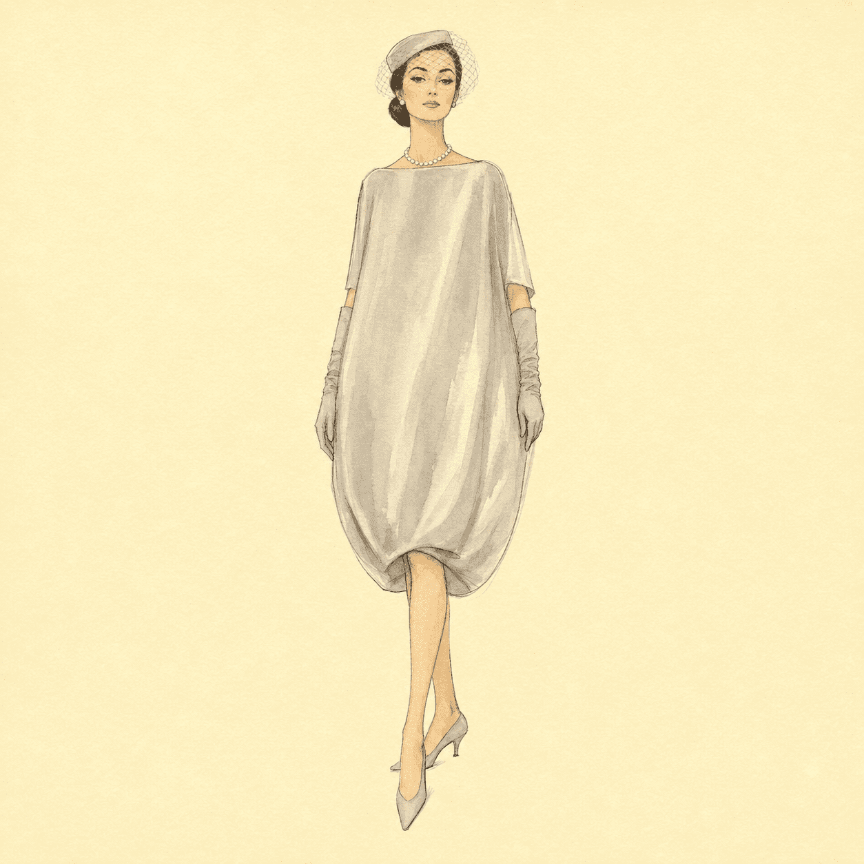 Watercolor illustration of the 1957 Givenchy sack or cocoon dress — a loose pale grey silk chemise with bateau neckline and curved hem above the knee, worn with pillbox veil and gloves