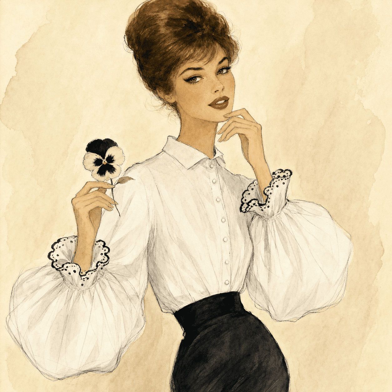 Watercolor portrait of a 1952 Paris model wearing the Bettina blouse — crisp white shirting with deep flamenco ruffled sleeves edged in black eyelet embroidery
