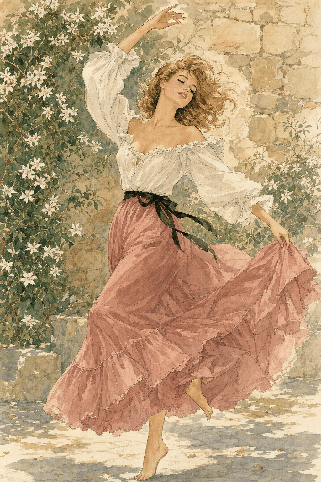 Watercolor illustration of a young woman with tousled honey-blonde hair dancing barefoot in a Provençal garden, wearing a loose white off-the-shoulder peasant blouse with full ruffled sleeves and a long full dusty-rose ruffled skirt with a black ribbon at the waist