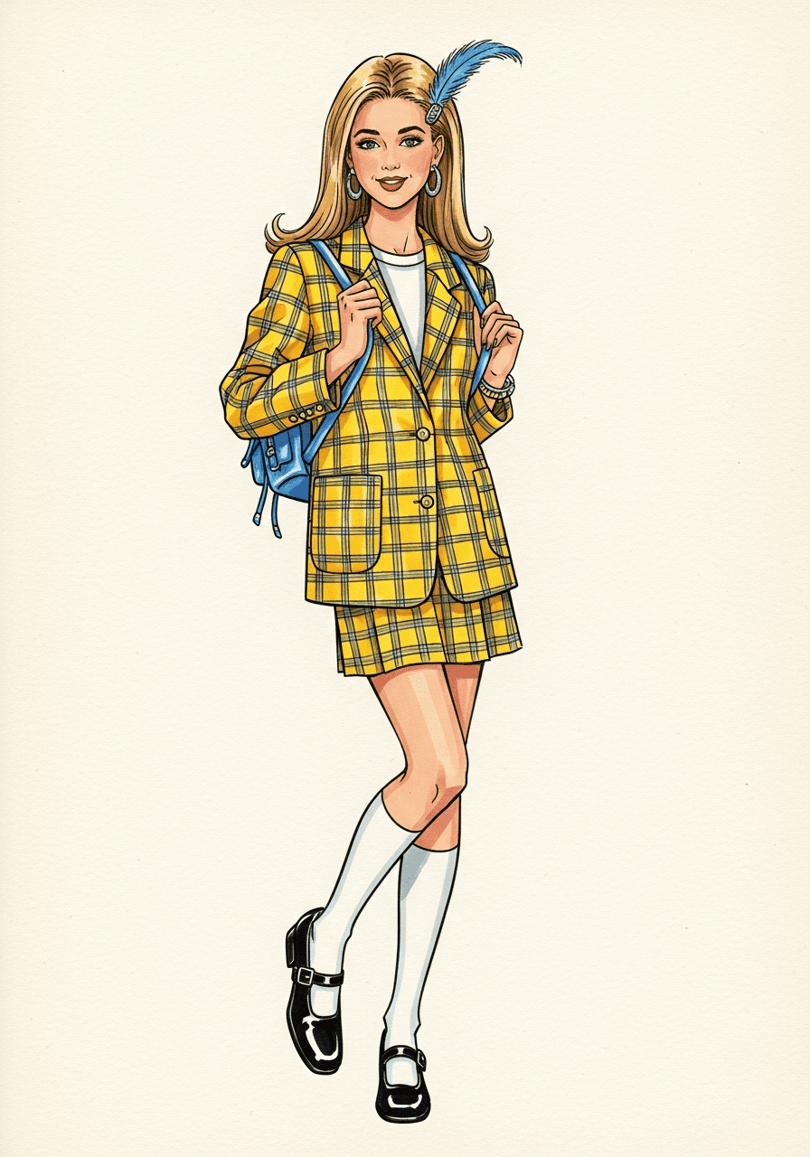 1990s women's fashion illustration of preppy pop — plaid tartan blazer and mini skirt, knee socks, Mary Janes