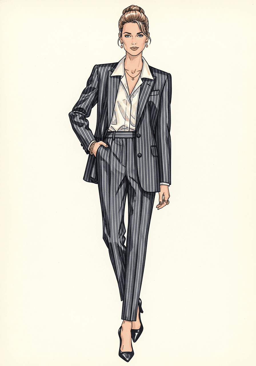 1990s women's fashion illustration of the power suit — slim pinstripe tailoring, silk shell blouse